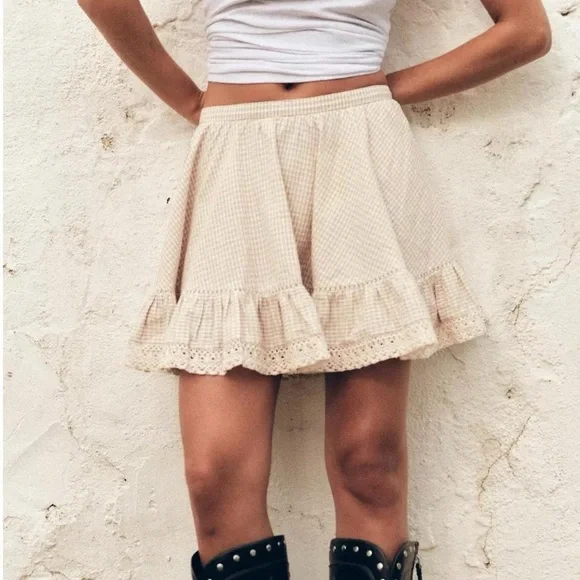 NWT Zara Plaid Gingham Ruffle Lace Frill Mini Skirt in Cream/Brown - S - Picture 3 of 8